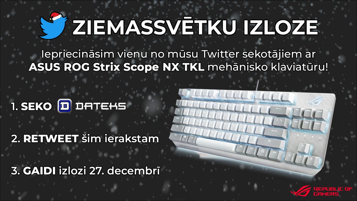 #DateksIzloze – Ziemassvētku edition🎅

Vai mehāniskā <a href="/ASUS_ROG/">ROG Global</a> klaviatūra ziemas krāsās ir kaut kas, ko Tu vēlētos zem savas eglītes?🎄

🟦 Pieseko <a href="/dateks/">Dateks datortehnika</a>
🟦 Retvīto šo ierakstu

Uzvarētāju paziņosim 27. decembrī! Priecīgus svētkus! ❄️