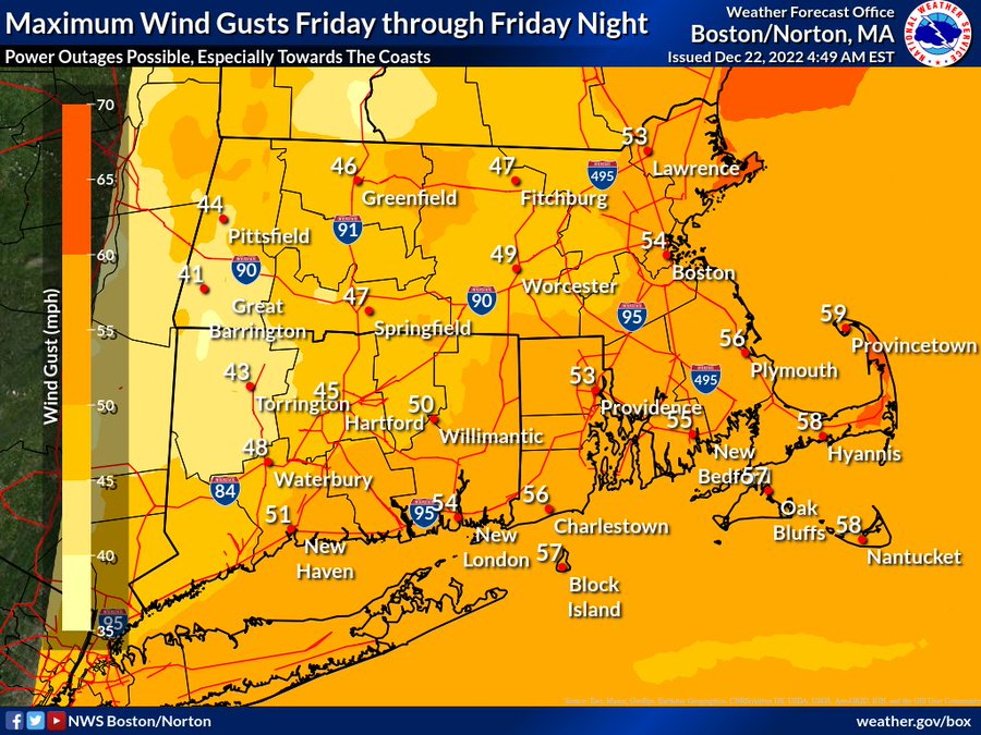 A map of maximum wind gusts across southern New England