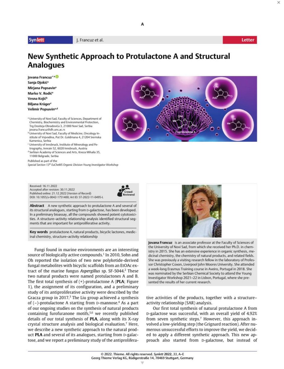 unsmedchemlab's tweet photo. Our lab members at @DHBZPMF, @FrancuzJovana and @sanja_djokich, have just published a new article in @thiemechemistry! ⚗️🧪
https://t.co/xdcvU2p7Yp
#synlett #sythesis #medchem https://t.co/1HAKpSfcj6