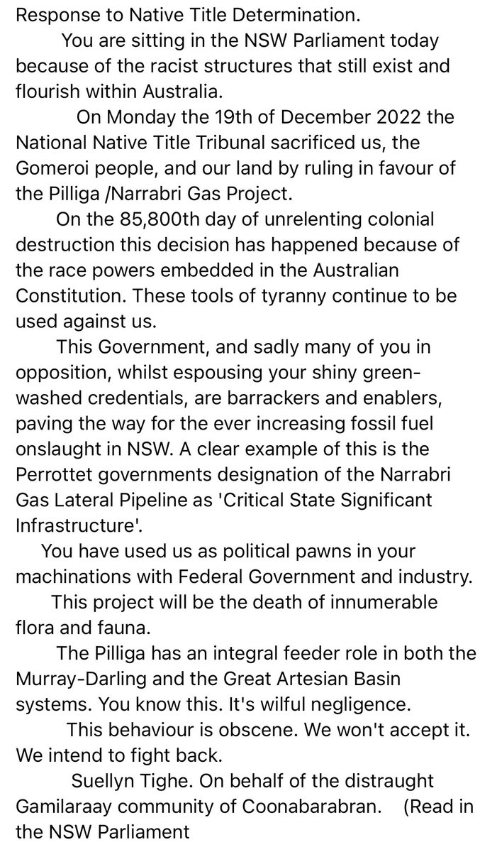 Statement in response to the Gomeroi vs Santos Native Title Determination from Suellyn Tighe, on behalf of the distraught Gamilaraay community of Coonabarabran. Read in NSW Parliament.