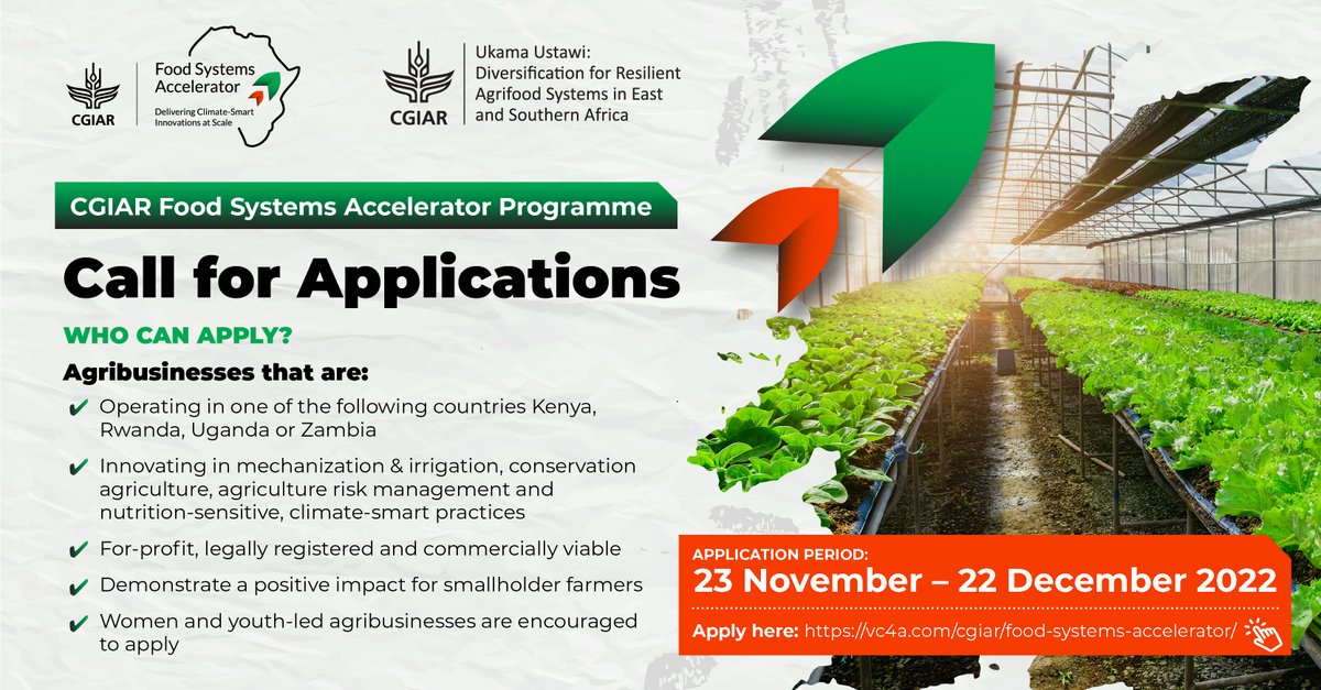 VC4A_Africa's tweet photo. Last chance to apply 🚨
The Food Systems Accelerator call for applications closes in a few hours. Hurry now to submit and get the chance to scale your #climatefocus business organized by @CGIARclimate
Finish your application here - https://t.co/zqsdT3jbFX https://t.co/UqllZoc2HZ