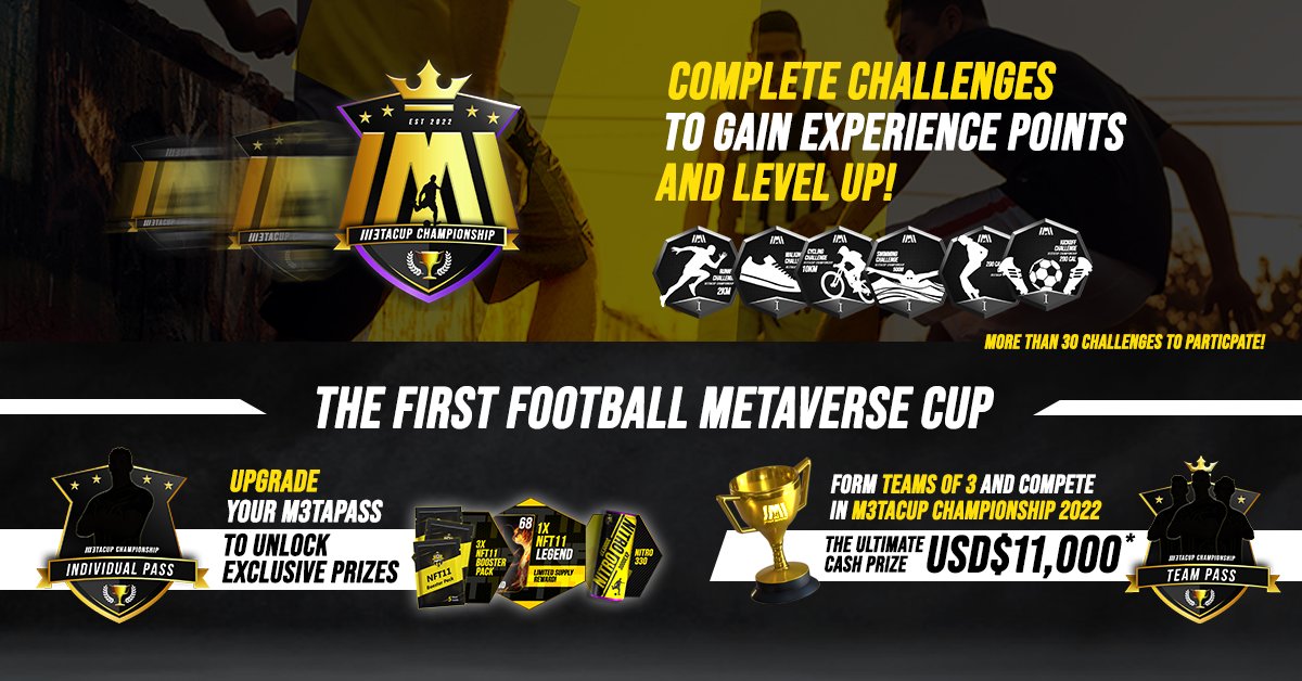 Have you participated in <a href="/M3TACUP/">M3TACUP</a>⚽️🏆?

Let's exercise and claim exclusive rewards worth more than $110 as you progress your M3TAPASS!

If you form a team, you can take part in the M3TACUP Championship with a prize pool of US$11,000!

More info here: m3tacup.io