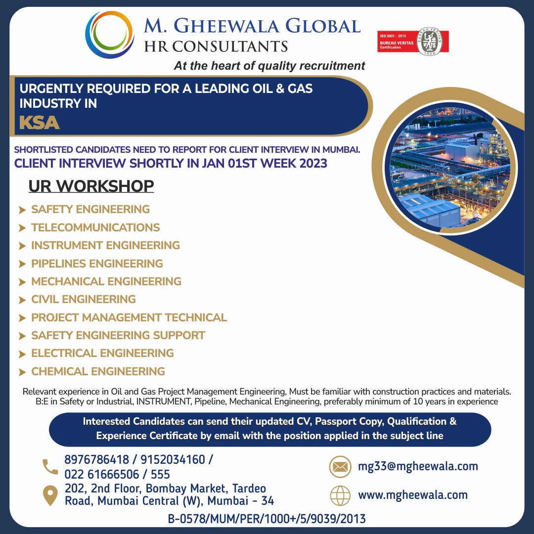 mgheewala_hrc's tweet photo. Job Vacancies for #Saudiarabia
Interested Candidates can send the updated resume to mg33@mgheewala.com
Learn More https://t.co/Ps4bxvjpD1
#saudijobs #safetyengineer #telecommunication #instrumentengineer #civil #electrical #safety #projectmanagement #chemical #oilandgas https://t.co/wphl9s90Rb