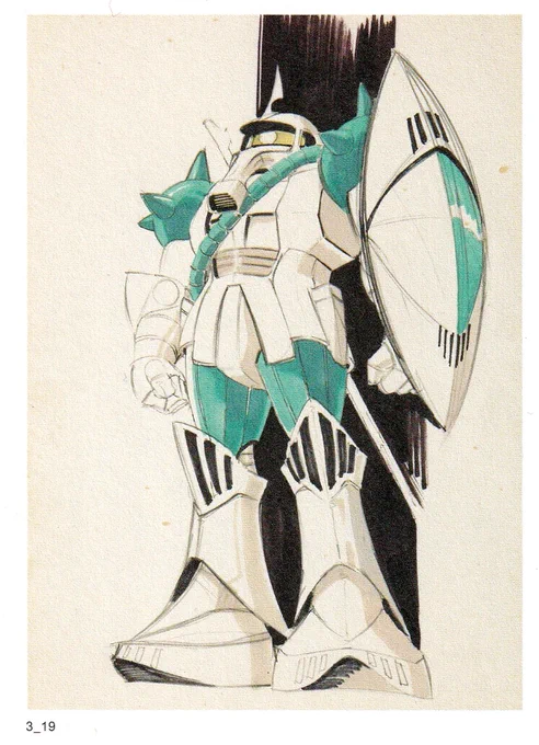グフの最初期稿(昔のロマンアルバムには「ザクの改良型」と表記されていましたが)のカラー稿。結果的にはシールドの形状のみがゲルググに採用されただけですが、ヒート剣と思しきものを背負っていたりしてなかなかに個性的。しかし妙にさわやかなカラーリングだ#グフ#大河原邦男 