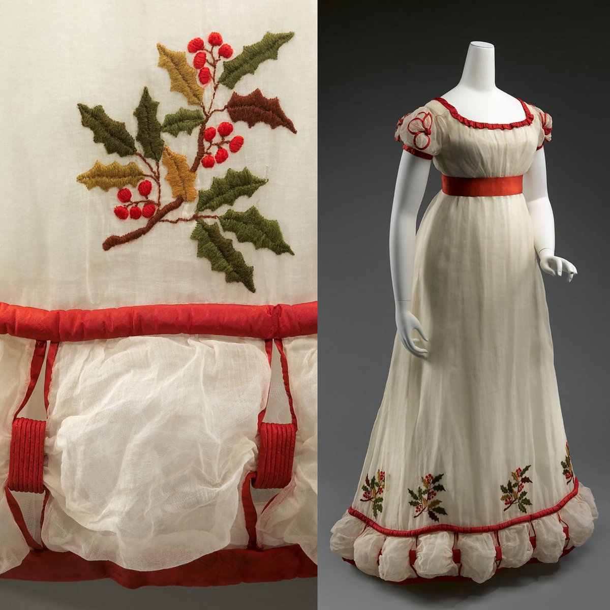 kateStrasdin's tweet photo. Well it would be unthinkable not to share this absolute favourite at #Christmas. I do love everything about it from the puffed hem caught up with red silk cord, the sleeve treatment and then that glorious festive #embroidery, holly leaves dancing in snow, mid #1820s @metmuseum https://t.co/NnpGDdGGz4