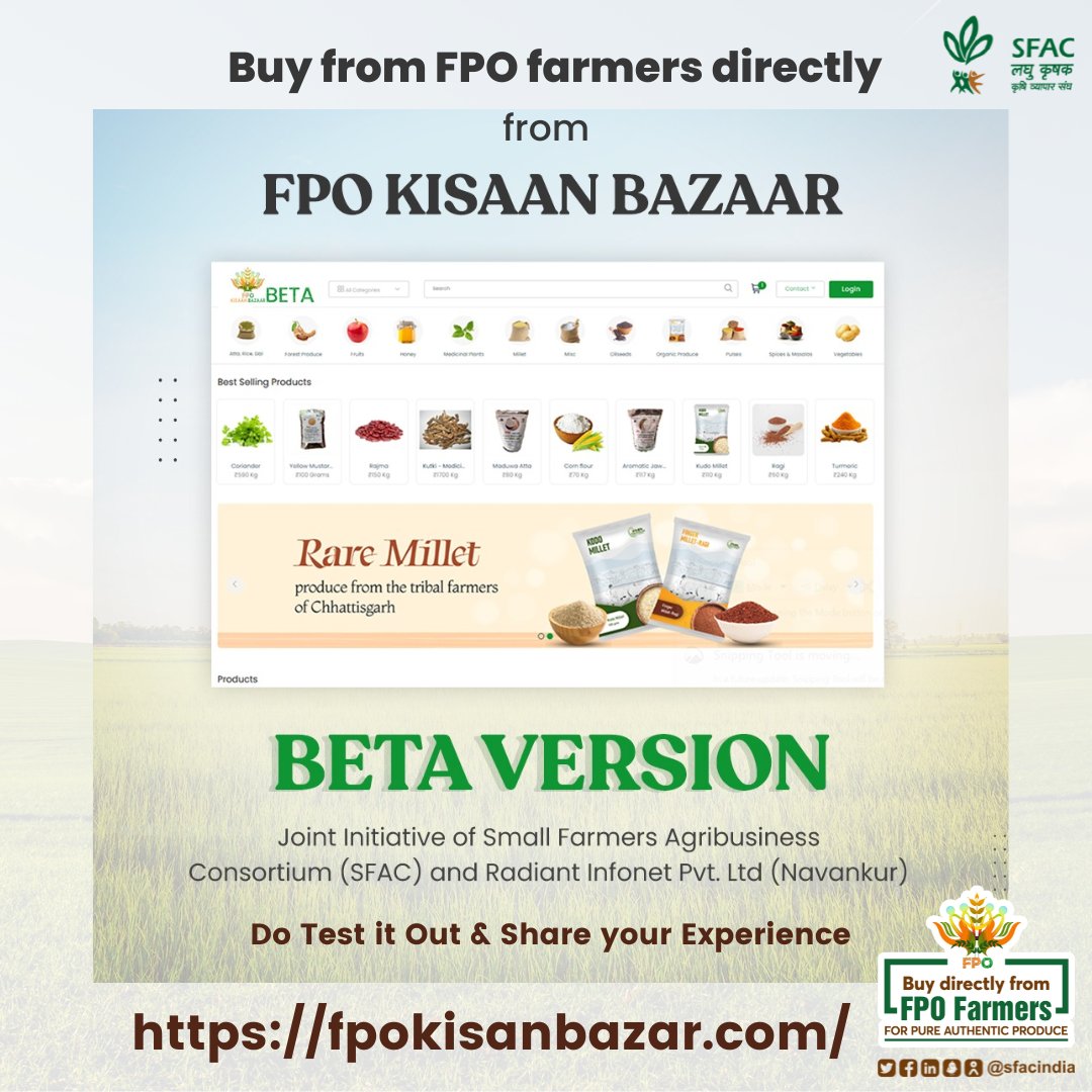 Awaz-The Voice (@awazthevoice) on Twitter photo Now you can buy pure produce directly from farmers.
A <a href="/sfacindia/">SFAC India</a> initiative.
Click fpokisanbazar.com
Pure honey. Atta. Rice. Medicinal plants. Oils. Millets and much more.
<a href="/AwazThevoice/">Awaz-The Voice</a>
<a href="/AgriGoI/">Agriculture INDIA</a> <a href="/nstomar/">Narendra Singh Tomar</a> <a href="/ShobhaBJP/">Shobha Karandlaje</a> <a href="/KailashBaytu/">Kailash Choudhary</a> <a href="/mygovindia/">MyGovIndia</a> <a href="/mkaurdwivedi/">Dr. Maninder Kaur</a> <a href="/PMOIndia/">PMO India</a> Now you can buy pure produce directly from farmers.
A <a href="/sfacindia/">SFAC India</a> initiative.
Click fpokisanbazar.com
Pure honey. Atta. Rice. Medicinal plants. Oils. Millets and much more.
<a href="/AwazThevoice/">Awaz-The Voice</a>
<a href="/AgriGoI/">Agriculture INDIA</a> <a href="/nstomar/">Narendra Singh Tomar</a> <a href="/ShobhaBJP/">Shobha Karandlaje</a> <a href="/KailashBaytu/">Kailash Choudhary</a> <a href="/mygovindia/">MyGovIndia</a> <a href="/mkaurdwivedi/">Dr. Maninder Kaur</a> <a href="/PMOIndia/">PMO India</a>