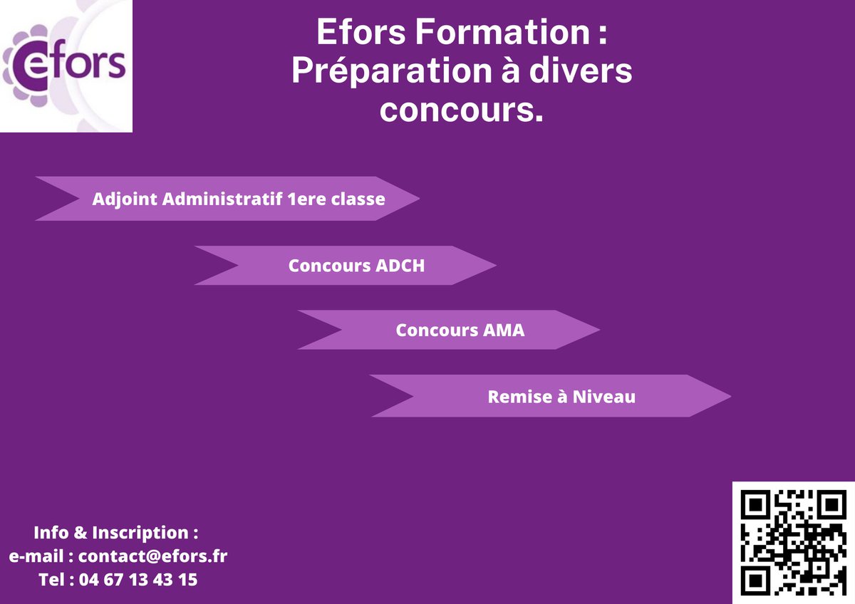 EFORS34's tweet photo. Efors propose dans son catalogue de formations, des préparations à divers concours.
Pour plus d'informations venez sur notre site : https://t.co/HL42UZRc2U.
#efors #formationsante #formation #Concours #administratif #adch #ama #remiseàniveau https://t.co/9Kk13lQpLh
