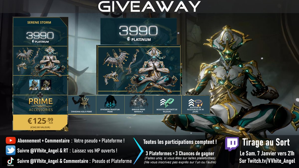 VVhite_Angel's tweet photo. 🌟Giveaway FULL Prime Access BARUUK🌟 Thanks/Merci @Playwarframe 💖

🌟 ALL PLATFORMS
🌟 Baruuk PRIME + Armes
🌟 3 Mois de Boosters
🌟 3990 Platines
🌟 TàS - 7 Janvier 21h

↘️ Participer
‼️ Follow @VVhite_Angel
‼️ RT ce post

🌟+1 Chance sur Youtube / +1 Chance sur TikTok https://t.co/dtDN0lhBVe