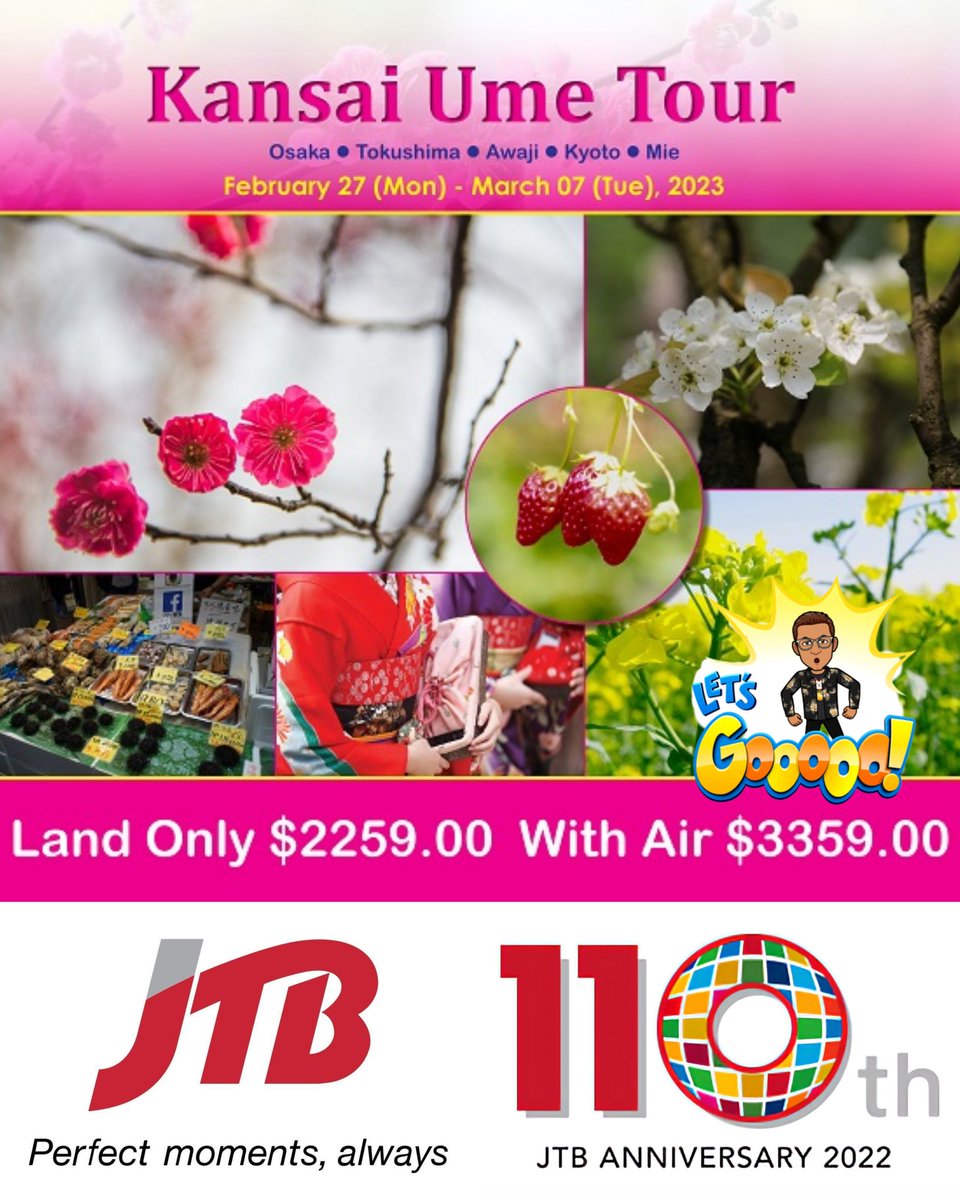 Tour closing - last chance for the plum blossoms!

📢 Guaranteed Departure

Kansai Ume Tour 
Feb 27 ~ Mar 7, 2023 
👉 Escorted from Honolulu

jtbusa.com/doc/Print_2023…

#visitkansai #kansai #visitosaka #PlumBlossoms #osaka #tour #japan #visitjapan