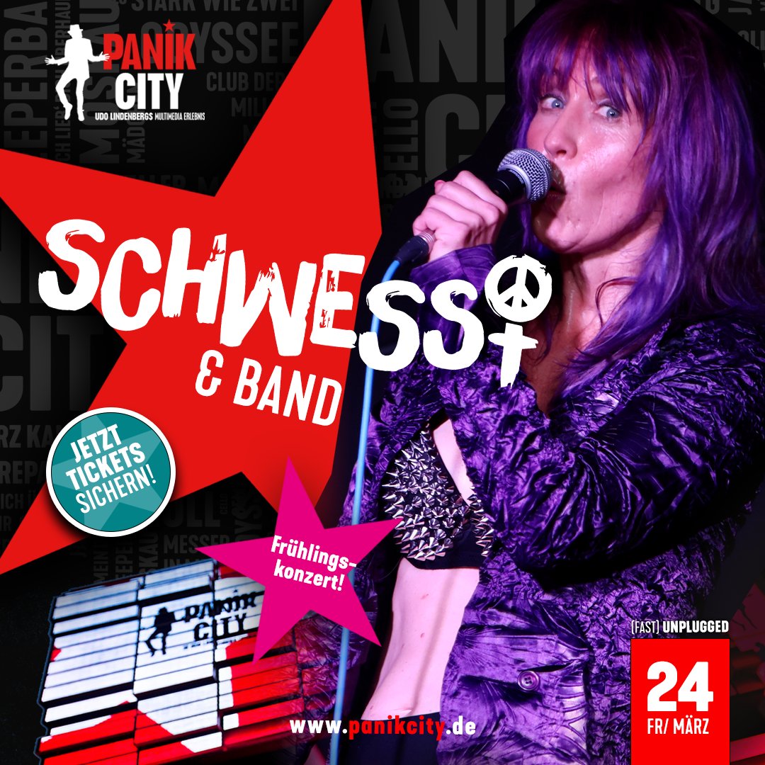 We proudly present: #Schwessi &amp; Band (fast) Unplugged in der Panik City‼️

Freitag, 24. März 2023
Konzert 19:00 Uhr, Einlass ab 18:00 Uhr
Tickets 25€ VVK, 28€ Abendkasse
>> panikcity.de/schwessi/ 
Hotline: 040 6466 5500 (Mo - Fr 10-15 Uhr)

<a href="/schwesskapaden/">Schwessi</a> <a href="/udolindenberg/">Udo Lindenberg</a>