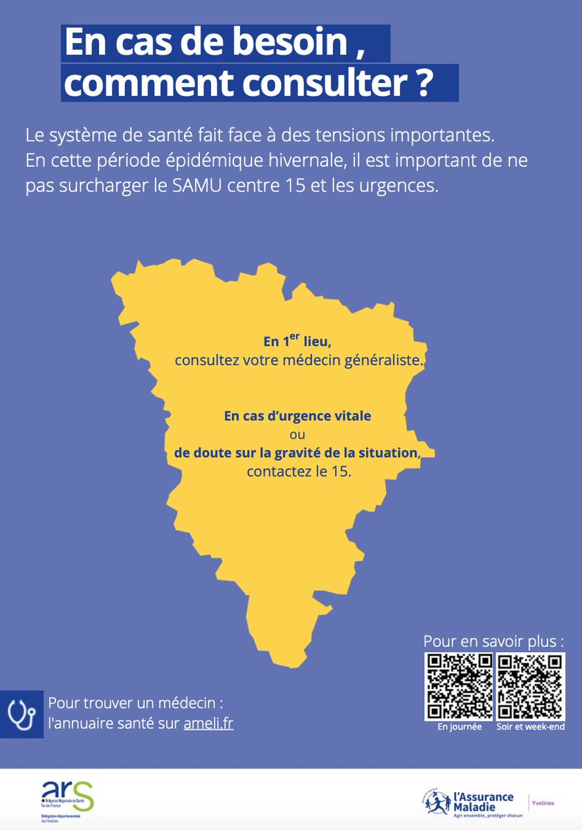 L'<a href="/ARS_IDF/">ARS Île-de-France</a> nous informe qu'en cette fin d'année, les services d'urgence font face à un surcroît d'activité important dans les #Yvelines. 

Ne surchargez pas le 15, des alternatives existent, retrouvez les infos en flashant les codes ci-dessous : ⬇️⬇️