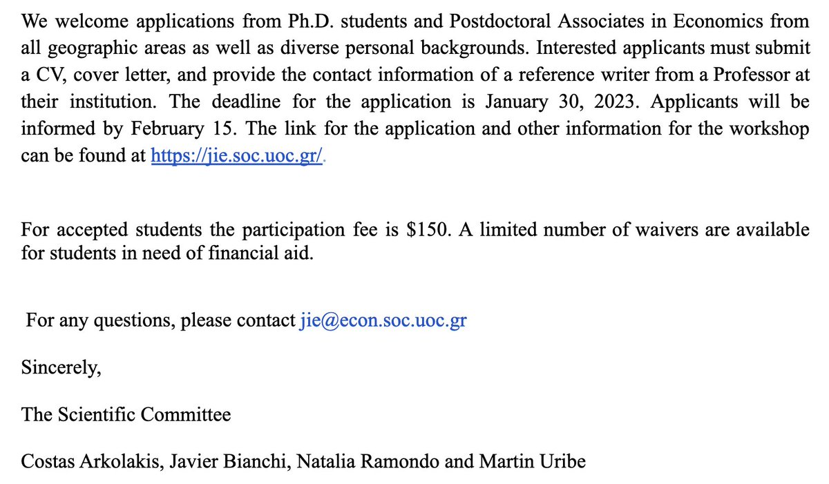 Journal of International Economics (@jintlecon) on Twitter photo Announcing the first Summer School in International Economics.
Hosted by University of Crete (Rethymnon, Greece) June 14-16, 2023.
Lectures by <a href="/LucaFornaro3/">Luca Fornaro</a>, <a href="/skalemliozcan/">Sebnem Kalemli-Ozcan</a>, Mendoza, Costinot, Eaton & Rappoport.
PhD students, apply by January 30: jie.soc.uoc.gr Announcing the first Summer School in International Economics.
Hosted by University of Crete (Rethymnon, Greece) June 14-16, 2023.
Lectures by <a href="/LucaFornaro3/">Luca Fornaro</a>, <a href="/skalemliozcan/">Sebnem Kalemli-Ozcan</a>, Mendoza, Costinot, Eaton & Rappoport.
PhD students, apply by January 30: jie.soc.uoc.gr