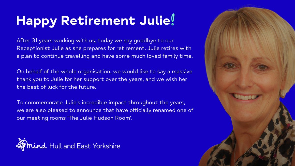 After 31 years at Hull and East Yorkshire Mind, today we say goodbye to our lovely receptionist Julie💙 On behalf of the whole organisation, we would like to say a massive thank you to Julie for her support over the years, and we wish her the very best of luck for the future.