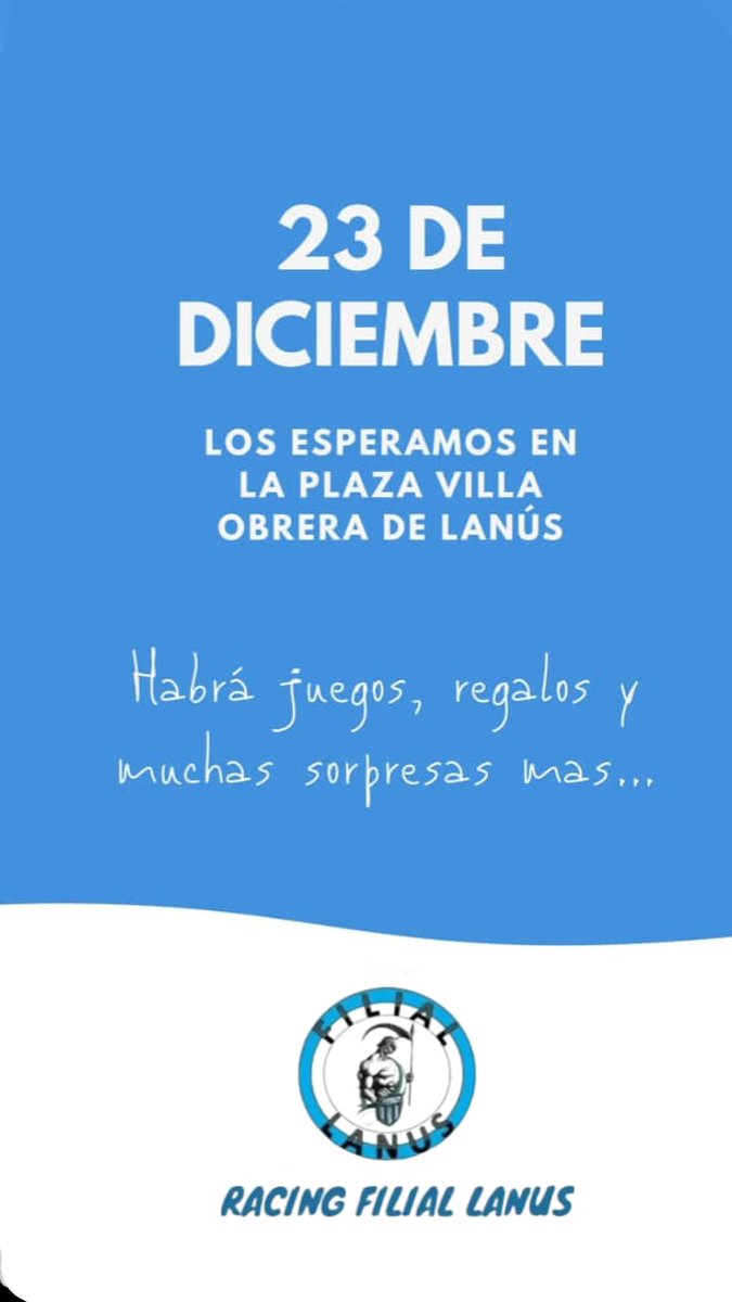 FilialLanusRC's tweet photo. @RacingSolidario @FilialesRacing Los esperamos este Viernes 23 de Diciembre, desde las 18 hs para compartir una tarde en familia 💙 https://t.co/5u3mDZEGoj
