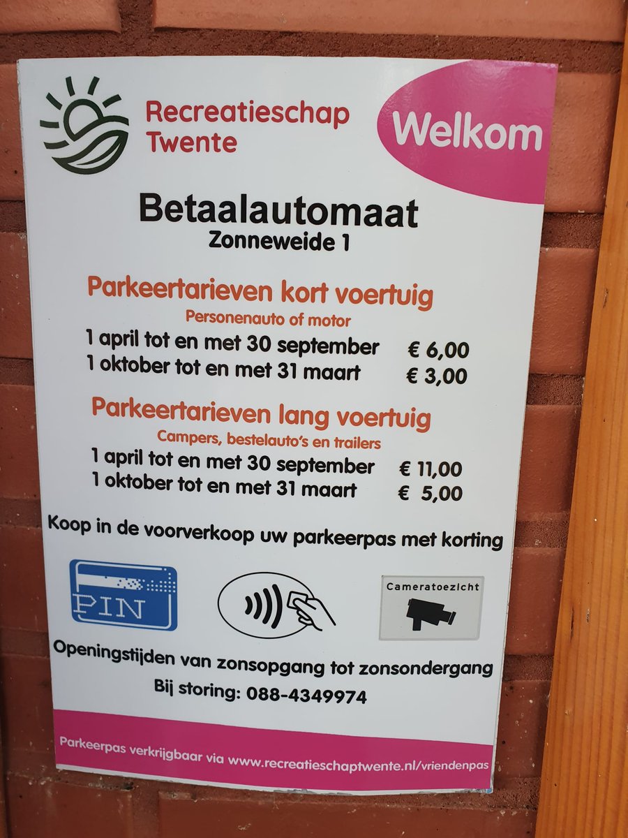 Beste Bezoeker van Het Hulsbeek #Oldenzaal, Het Rutbeek #Enschede en Het Lageveld #Wierden, vanaf vandaag kan bij de parkeerautomaat uitsluitend nog met pin betaald worden om een uitrijkaart te verkrijgen. 
Muntgeld is niet meer mogelijk. 
Zie ook bebording.#Recreatieschap Twente