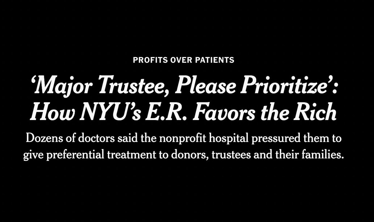 VIP patients were a distinct part of my residency at NYU. A nurse once said 'Rich & white go to NYU, poor & brown, Bellevue' If you read only one NYT article this year let it be this: nytimes.com/2022/12/22/hea… @uche_blackstock & @EMSwam continue to teach the power of honesty.