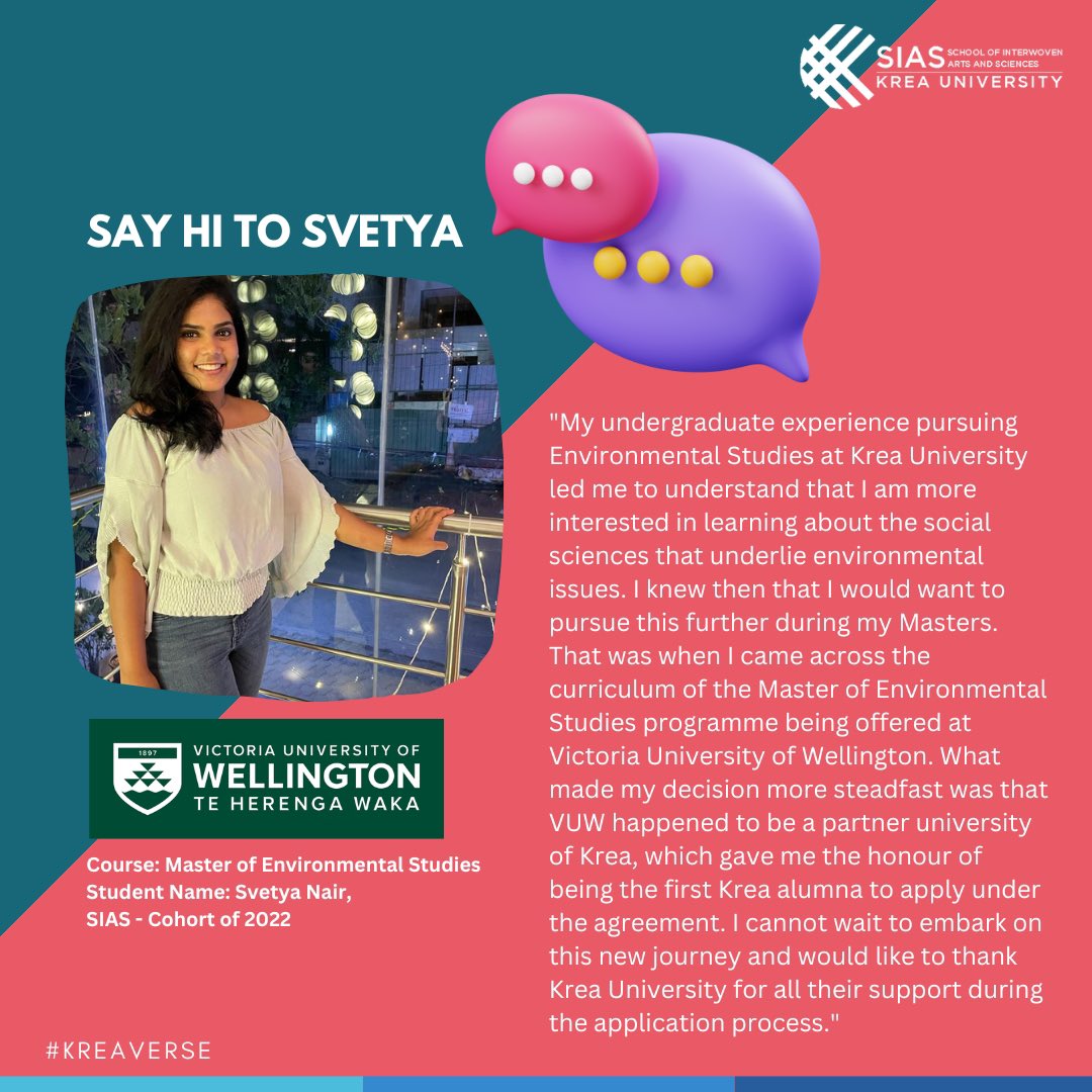 kreauniversity's tweet image. Svetya, SIAS cohort of 2022 tells us how her undergraduate experience pursuing Environmental Studies at Krea University led her to understand that she is more interested in learning about the social sciences that underlie environmental issues.

#kreaverse #interwovenlearning