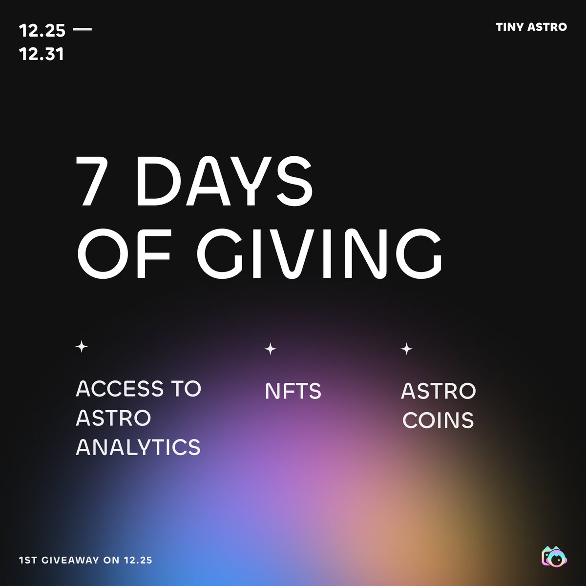 tinyastroNFT's tweet image. 🥳Introducing the Tiny Astro 7 Days of giving

From 12/25 to 12/31, be on the lookout as we&apos;ll be giving away:

🎁Access to TA
🎁NFTs
🎁ASTRO Coins

to show our appreciation to your all❤️

Like + RT and see our recap thread 👇 of what we have accomplished in 2022 🥳
