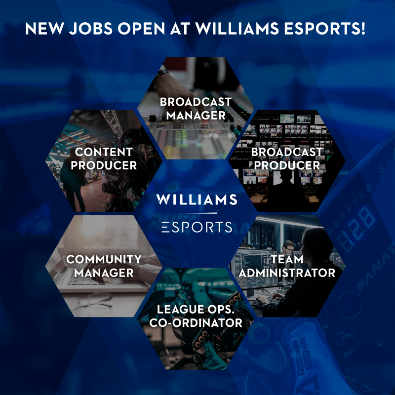 WilliamsF1TG's tweet photo. We have SIX new jobs at #WilliamsEsports in 2023 💪

- Broadcast Manager
- Broadcast Producer
- Content Producer
- Community Manager
- League Ops Co-ordinator
- Team Administrator

#SimRacing #Esports @williamsf1