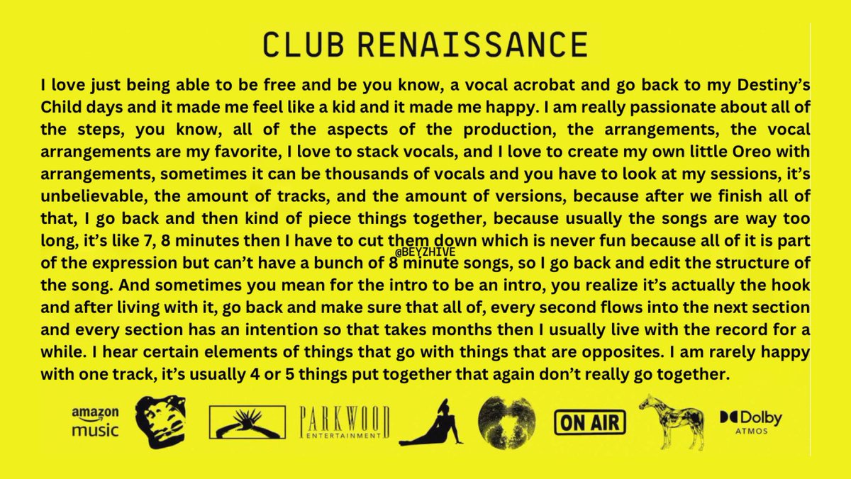 beyzhive's tweet photo. full transcript of beyoncé’s special audio message at #clubrenaissance — on what inspired her to choose dance music and exclusive insights into renaissance recording sessions https://t.co/zG8tyhTLyy