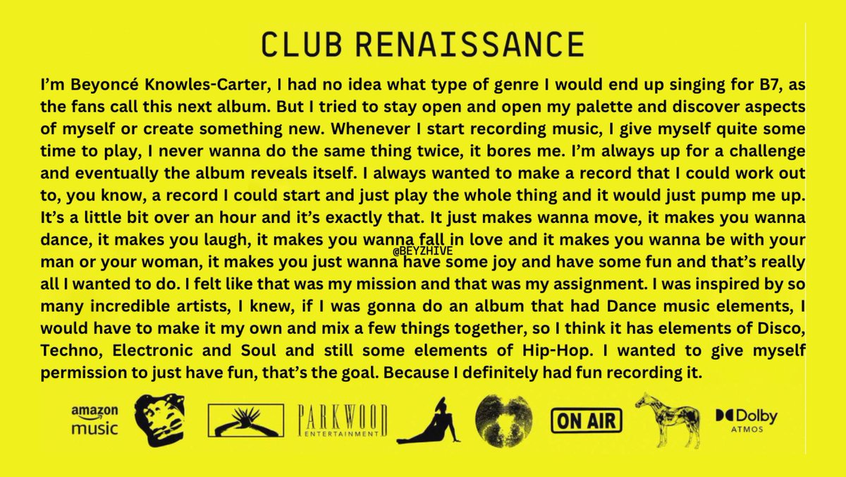 beyzhive's tweet photo. full transcript of beyoncé’s special audio message at #clubrenaissance — on what inspired her to choose dance music and exclusive insights into renaissance recording sessions https://t.co/zG8tyhTLyy