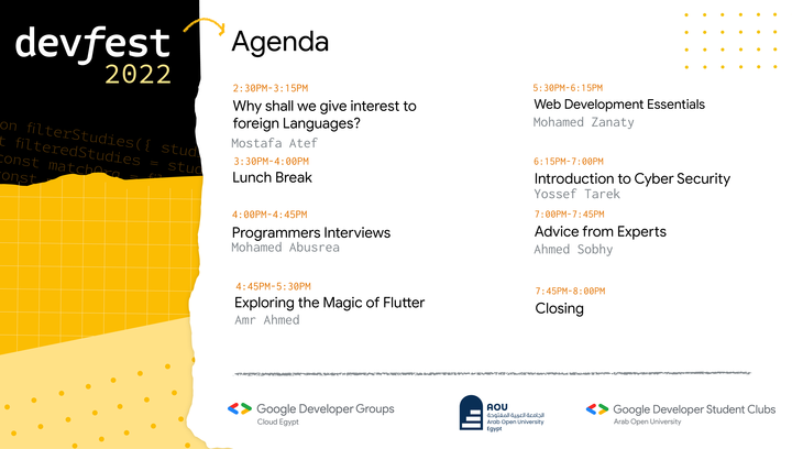 see you all tomorrow 9:30AM at Arab Open University ❤️

Bevy Link: bit.ly/devfest-cloud-…
Facebook Link: fb.me/e/38EgkrIYJ

#GDG
#GCDCEgypt
#GDGCloudEgypt
#DevFest 
#DevFest2022
#DevFestEgypt