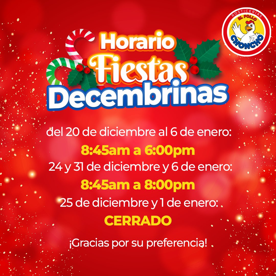 PolloChoncho's tweet photo. Horario especial con motivo de las fiestas decemrbina. ¡Gracias por tu preferencia! https://t.co/kUqCimlpPe