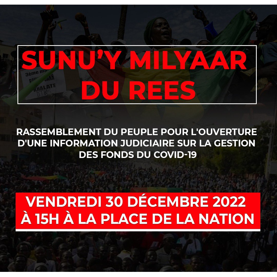 ThiatOfficiel's tweet photo. | SUNU'Y MILYAAR DU REES |

APPEL À LA MOBILISATION DE TOUTES LES FORCES VIVES DU SÉNÉGAL✊🏿🇸🇳 https://t.co/mSyb7Anot3