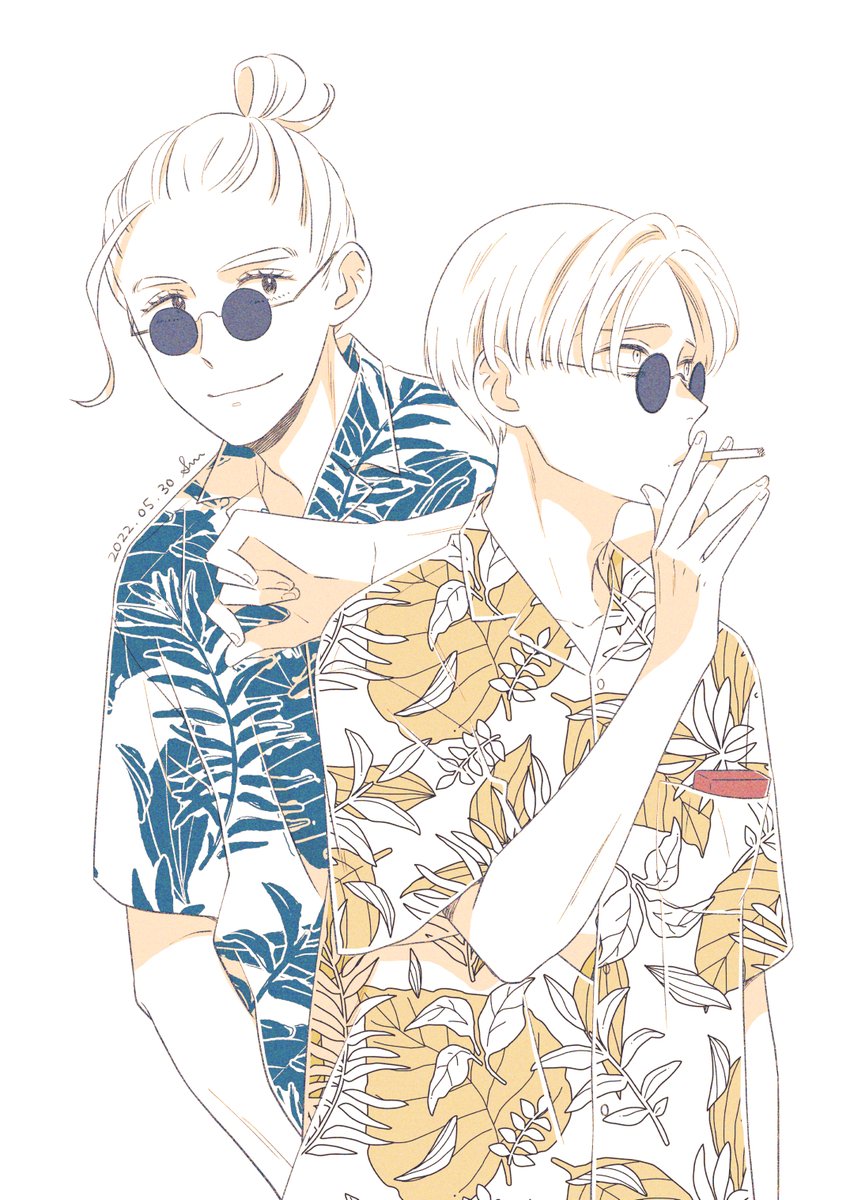2boys cigarette multiple boys hawaiian shirt shirt sunglasses male focus  illustration images