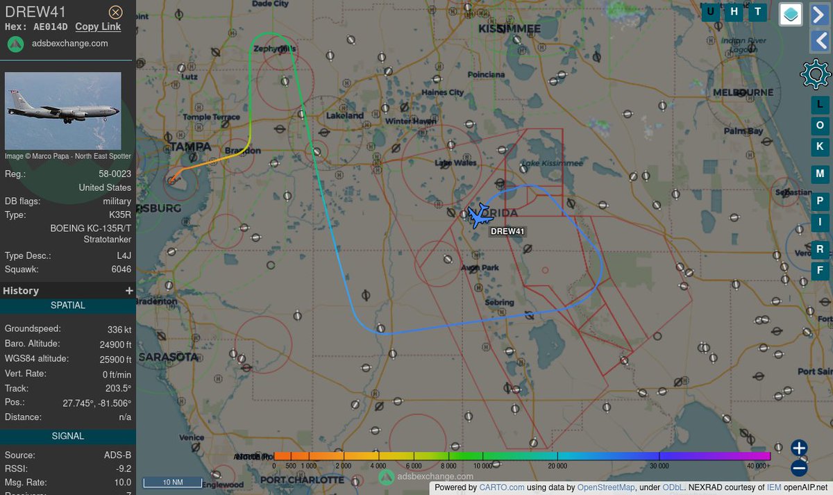 TheIntelFrog's tweet photo. USAF KC-135 Stratotanker #AE014D as DREW41 circling in the Avon Park Air Force Range complex in south central Florida.  Likely meeting the 93rd FS F-16s for some range time. https://t.co/coptFv8y0X