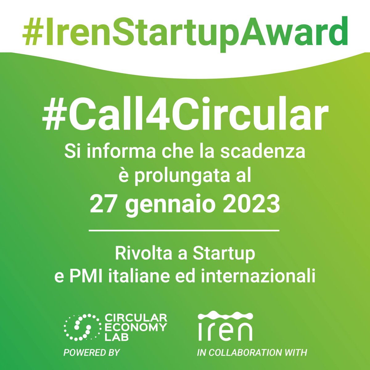 CELabOfficial's tweet photo. #IrenStartupAward

Prolungata la data di scadenza della #Call4Circular di @gruppoiren in collaborazione con @CELabOfficial.

Sarà possibile candidare la propria #startup o #PMI fino al 27 gennaio 2023: https://t.co/2AXou8T1Wo https://t.co/HfT9Pe8ptt