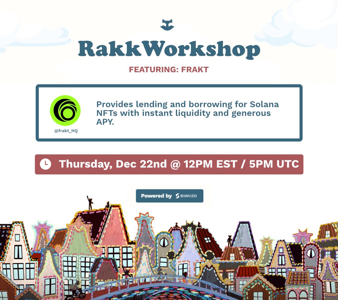 Rakkudos (@rakkudos) on Twitter photo 🚨 Our RakkWorkshop today features the DeFi x NFT protocol
<a href="/frakt_hq/">Banx @banx_gg</a>
Tune in for an exciting 60 minutes of product demo, question & answers
⏰When? Today @ 12PM EST
📌Where? our Rakkchat VC 🚨 Our RakkWorkshop today features the DeFi x NFT protocol
<a href="/frakt_hq/">Banx @banx_gg</a>
Tune in for an exciting 60 minutes of product demo, question & answers
⏰When? Today @ 12PM EST
📌Where? our Rakkchat VC