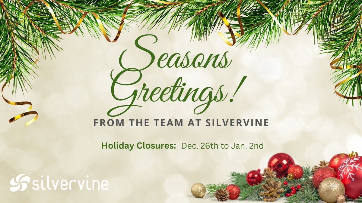 SilvervineIMS's tweet photo. Happy Holidays from your friends at Silvervine! We wish all our friends, families and customers a very happy holiday season. #silvervinesoftware #Insurance https://t.co/HlmOKaO9Sx
