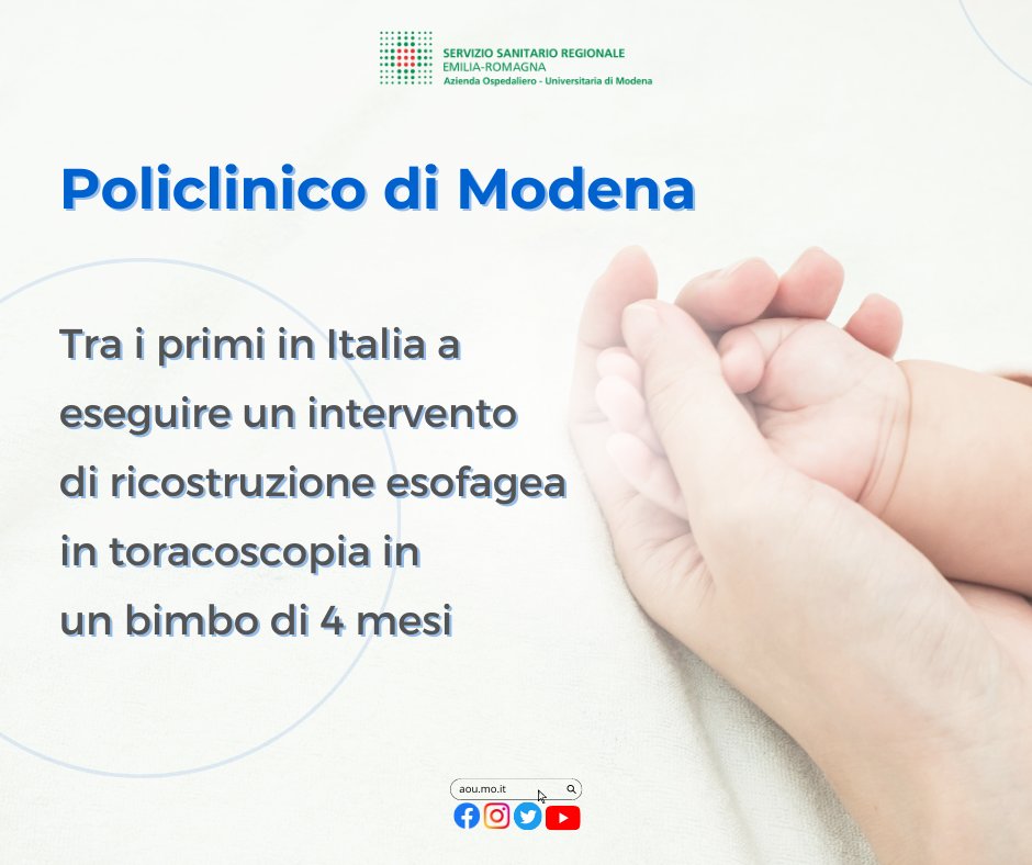 PoliclinicoMO's tweet photo. 🇮🇹 🥇 Tra i primi in #Italia a eseguire un intervento di ricostruzione esofagea in #toracoscopia in un bimbo di 4 mesi, al quale mancava un tratto di esofago di 12 cm
👨🏻⚕️ Due interventi di 7 ore ciascuno,
👉 Scopri di più sul nostro articolo https://t.co/MqrAeQfAvY
@RegioneER https://t.co/ahKWjagdbu