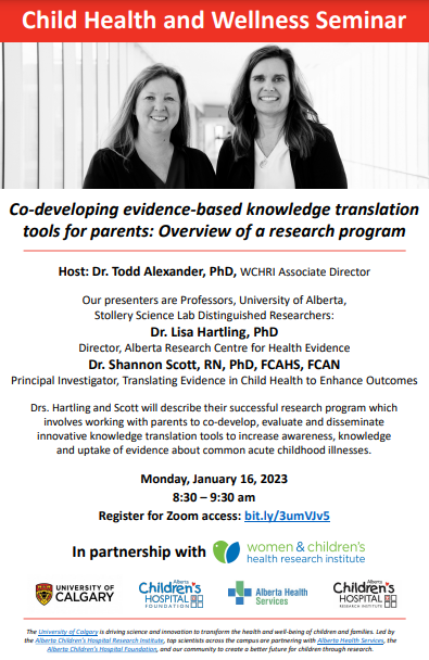 WCHRIUofA's tweet photo. Join #StolleryScienceLab Distinguished Researchers Lisa Hartling and Shannon Scott as they describe their successful research program, working with parents to co-develop, evaluate and disseminate innovative knowledge translation tools.
Register here:
https://t.co/Tr6RExRAck https://t.co/TPyKof75em