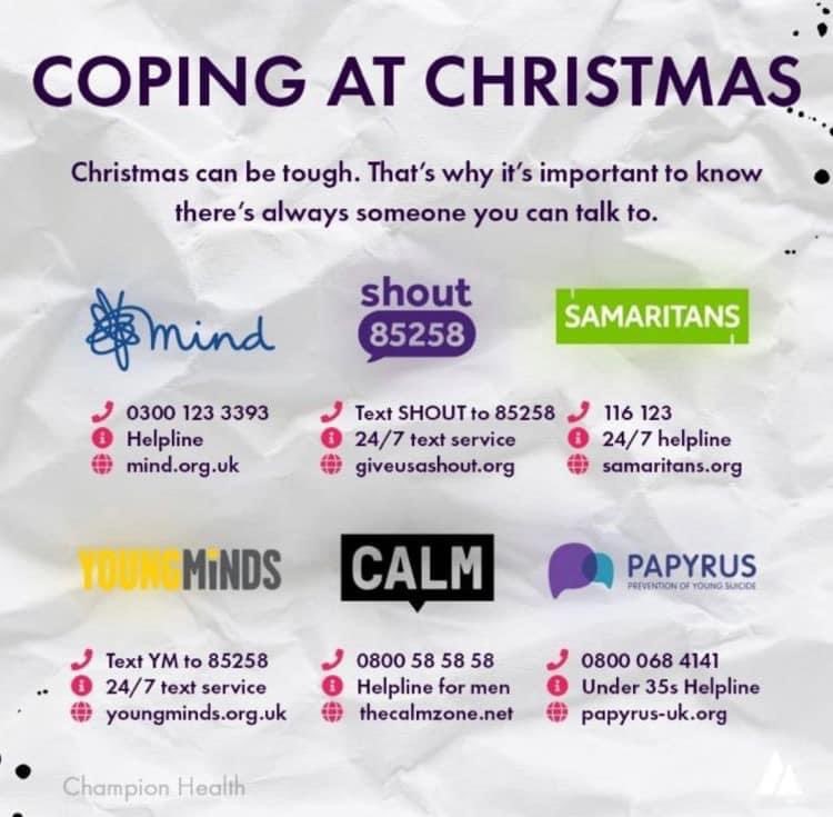 shrewsburyark's tweet photo. Christmas can be tough for some people.
If you are struggling, this great infograph has got details of organisations you can contact so you don't have to do it alone.
There's always someone to talk to.
#weloveyou #mentalhealth #helpatchristmas https://t.co/5zvfPLCCQW