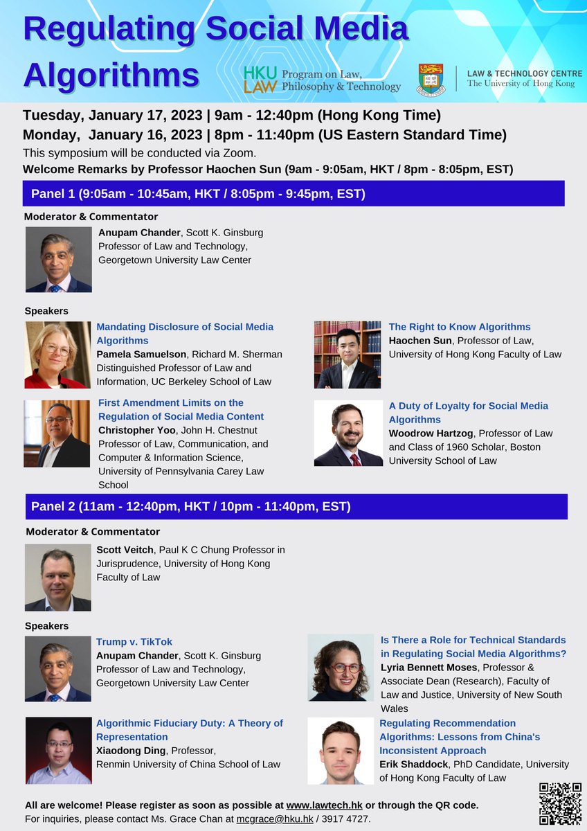 Thrilled to host the conference Regulating Social Medial Algorithms via Zoom on Jan 16/17 with two panels of great scholars/speakers. Registration: lawtech.hk/regulating-soc…