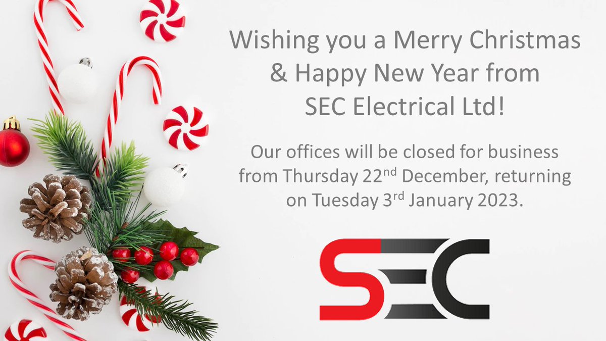 SECElectrical's tweet photo. SEC Electrical would like to wish everyone a Merry Christmas and a Happy New Year! 🎅🎁 

From 5pm today our offices will be closed until we return back to work on Tuesday 3rd January! 

We are excited for what's to come in 2023, watch this space... https://t.co/VKfdR47LIU