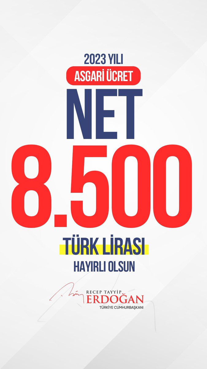 2023 Yılında geçerli olacak 
Asgari Ücret Net: 8500 TL oldu.

Hayırlı olsun.
#asgariücret