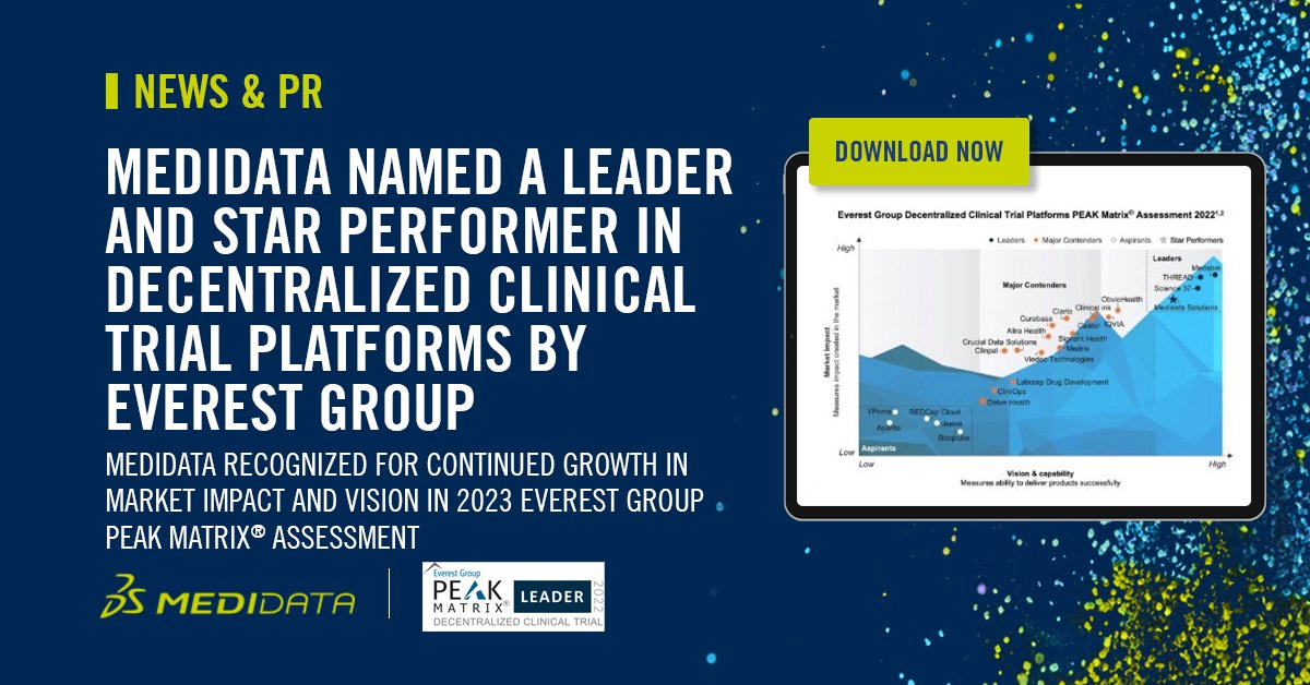 walkerwj's tweet photo. I am thrilled to announce we were named a Leader &amp; Star Performer in the “Decentralized Clinical Trial Platforms PEAK Matrix® Assessment 2023” by @EverestGroup. @Medidata Read more: https://t.co/WPC0QJCd8o

#PEAKMatrix® #DecentralizedTrials https://t.co/yPb0dVkVSp