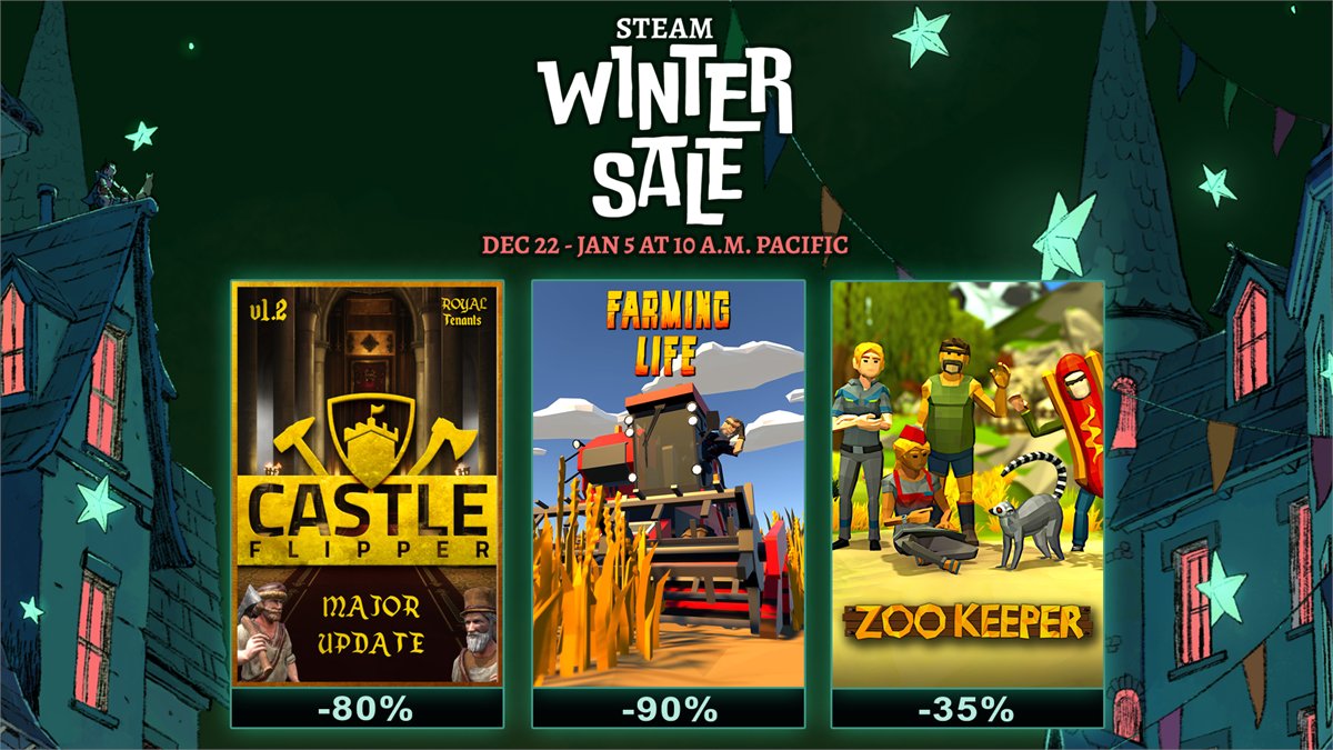 PyramidLab's tweet photo. #CastleFlipper, #FarmingLifeGame and #ZooKeeperGame are joining our other games at #SteamWinterSale! โ๏ธ
๐ฐ Castle Flipper: https://t.co/KudsdU582H
๐ #FarmingLife: https://t.co/1SWQtrAilr
๐ฆ #ZooKeeper: https://t.co/Rd7z8THoeJ
#indiegame https://t.co/qhqoXoq9Mt