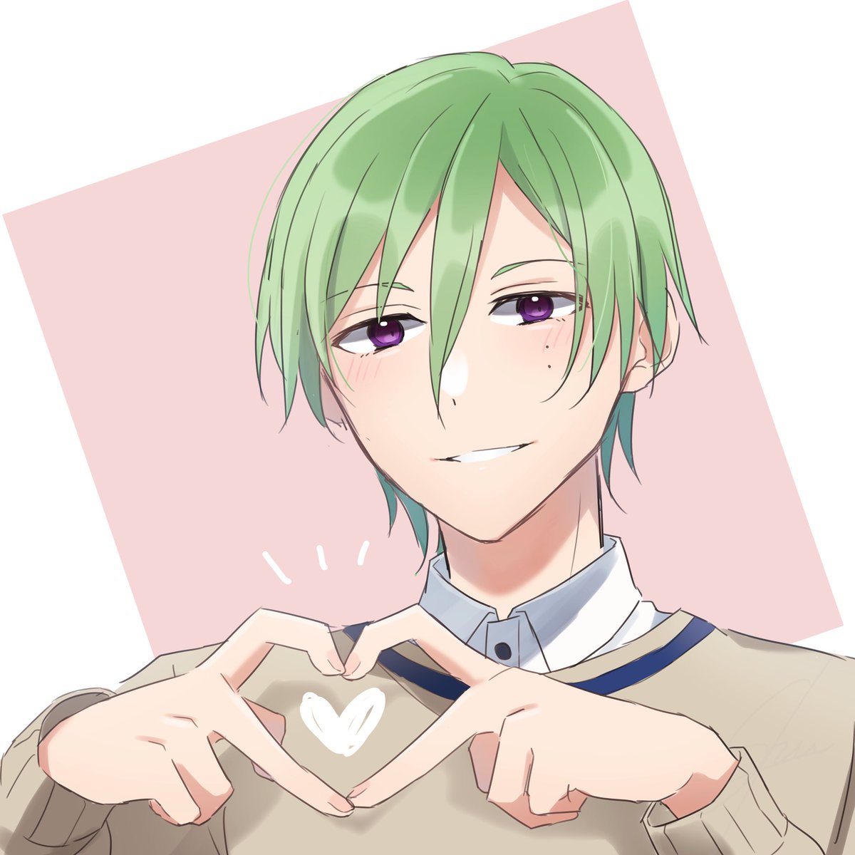 1boy heart hands heart male focus purple eyes green hair solo  illustration images