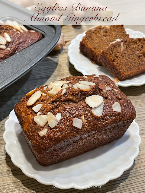 Brighten up your morning with this #vegan #eggless #banana #almond #gingerbread loaded with #warmspices, #molasses, and #alomnds to make ultimate #breakfast or anytime #snack. #sponsored #egglessbaking #holidaybaking @Taylor_Colledge go.shr.lc/3PLXCvb