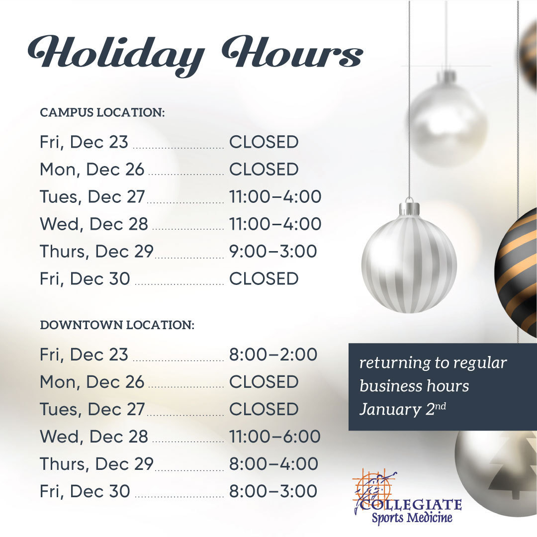 CollegiateSpMed's tweet photo. 📣 Holiday Hours! ☃

Please be advised of our holiday hours and days that we will be closed over the holidays

✨ NOTE: Normal office hours will resume in both our Red Deer Downtown and Campus locations on January 2nd. 

Wishing you all a safe and Happy Holidays!

#HappyHoli ... https://t.co/J2ldZLCQBN