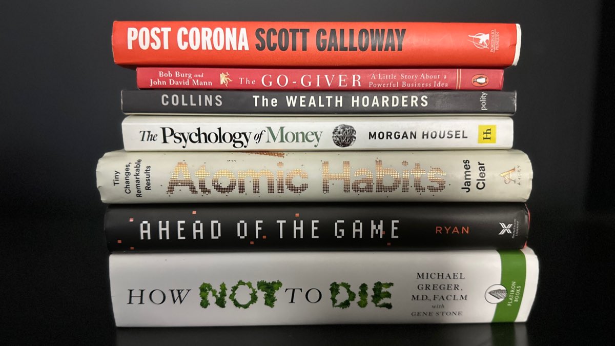 TheModathlete's tweet photo. Seven Game-Changing Books For The Modern Athlete

Post Corona - @profgalloway
The Go - Giver - Bob Burg
The Wealth Hoarders - @Chuck99to1
The Psychology of Money - @morganhousel
Atomic Habits - @jamesclear
Ahead of the Game - @whereskr / @delane
How Not to Die - @nutrition_facts https://t.co/yNW5KayosK