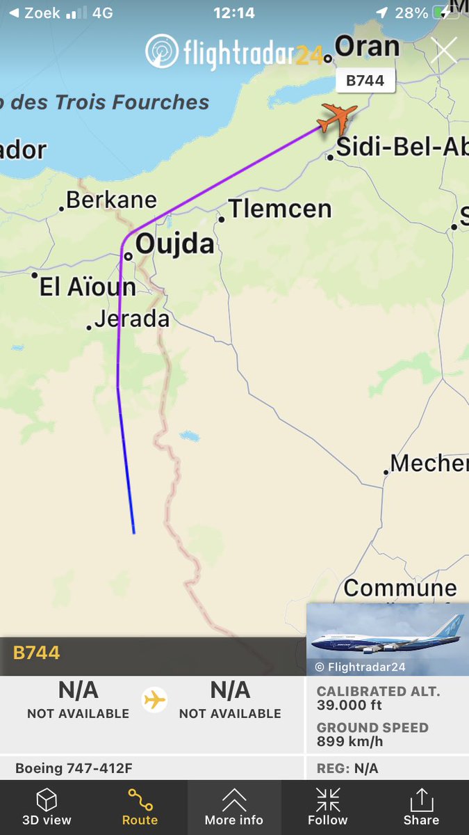 ArcelvandenBerg's tweet photo. Seems hunting party is ending. Boeing 747-400 Freighter of Dubai Air Wing A6-GCP left Bouarfa en is heading back to a Gulf state likely Dubai as #DUB4 https://t.co/JHlMK4iWUl