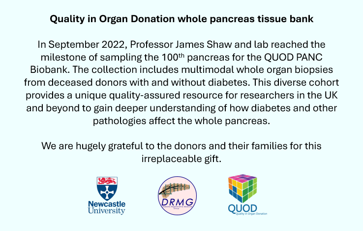 DRMG_NCL's tweet photo. In September 2022, the DMRG team processed and biopsied the 100th whole pancreas organ for the QUOD PANC Biobank. Thank you to @The_MRC for funding, our wonderful multidisciplinary team, all of our collaborators and most importantly the donors and donors' families https://t.co/EnLA0BFI9h