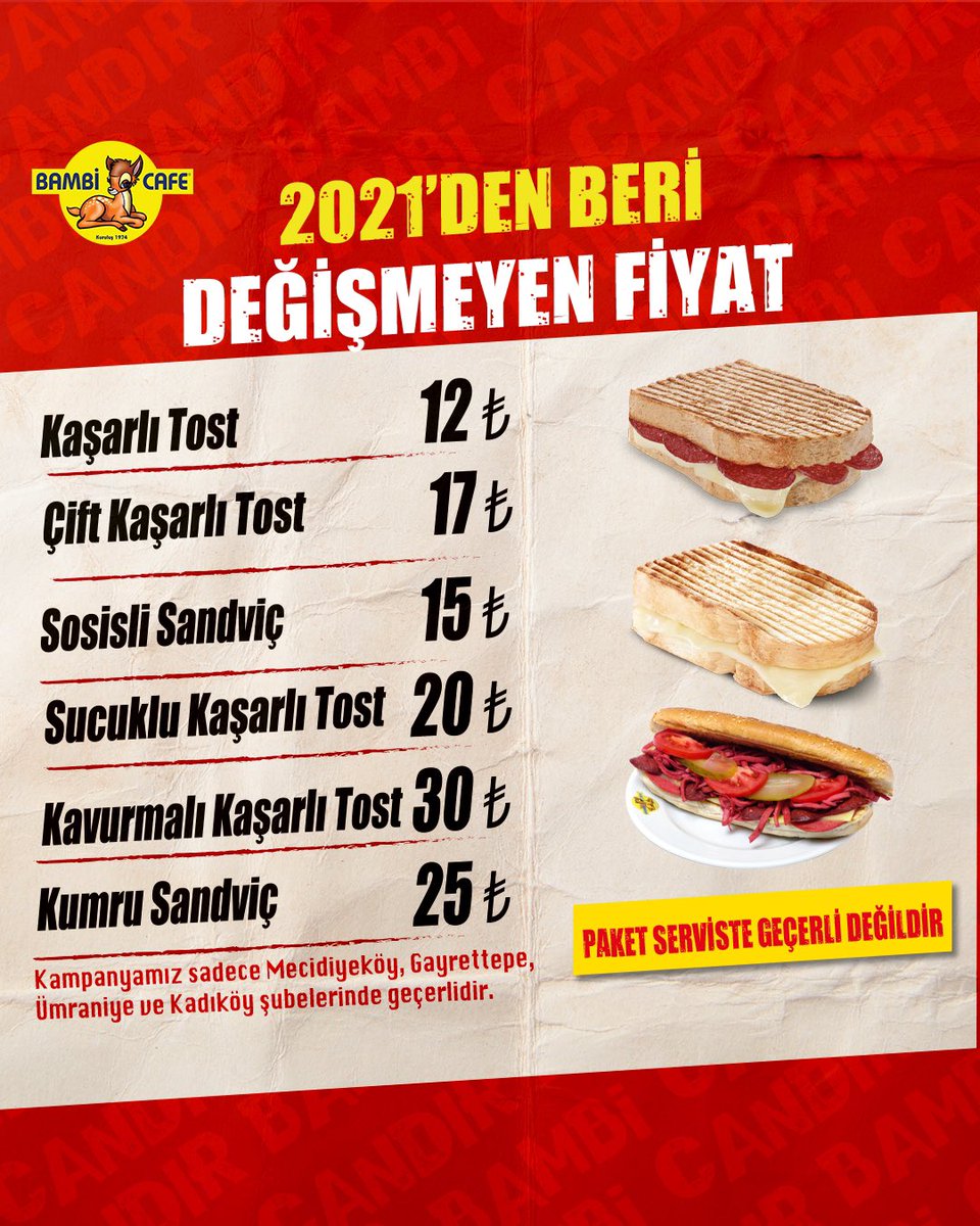 2021’DEN BERİ AYNI FİYAT! 🤩

📍 Taksim Merkez Bambi Cafe
📍 Taksim Bambi Kuruyemiş
📍 Bakırköy 
📍 Gayrettepe 
📍 Mecidiyeköy 
📍 Kadıköy 
📍 Ümraniye

#bambicafe #ıslakhamburger #foodie #yummy #hamburger #yummy #bambicandır #ıslakcheese #tost #burger #sandviç #ayran