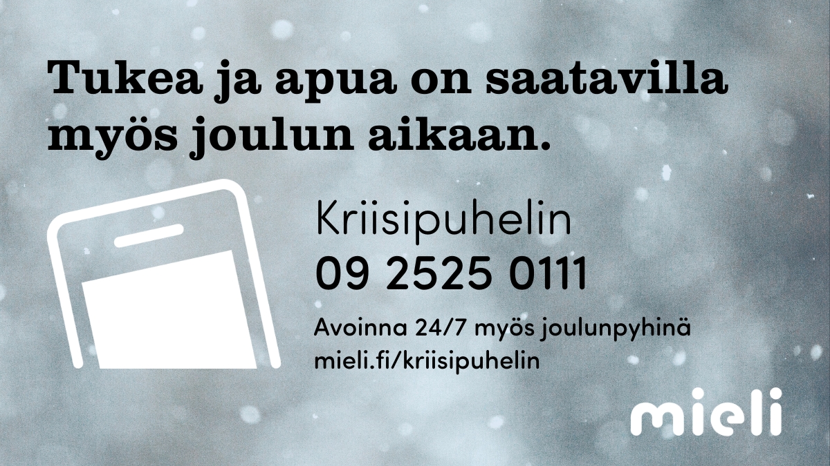 Älä jää ahdistuksen kanssa yksin joulunpyhinä.

📞 Kriisipuhelin palvelee suomeksi kellon ympäri numerossa 09 2525 0111. 

🔗 Lue lisää: mieli.fi/tukea-ja-apua

#mielenterveys