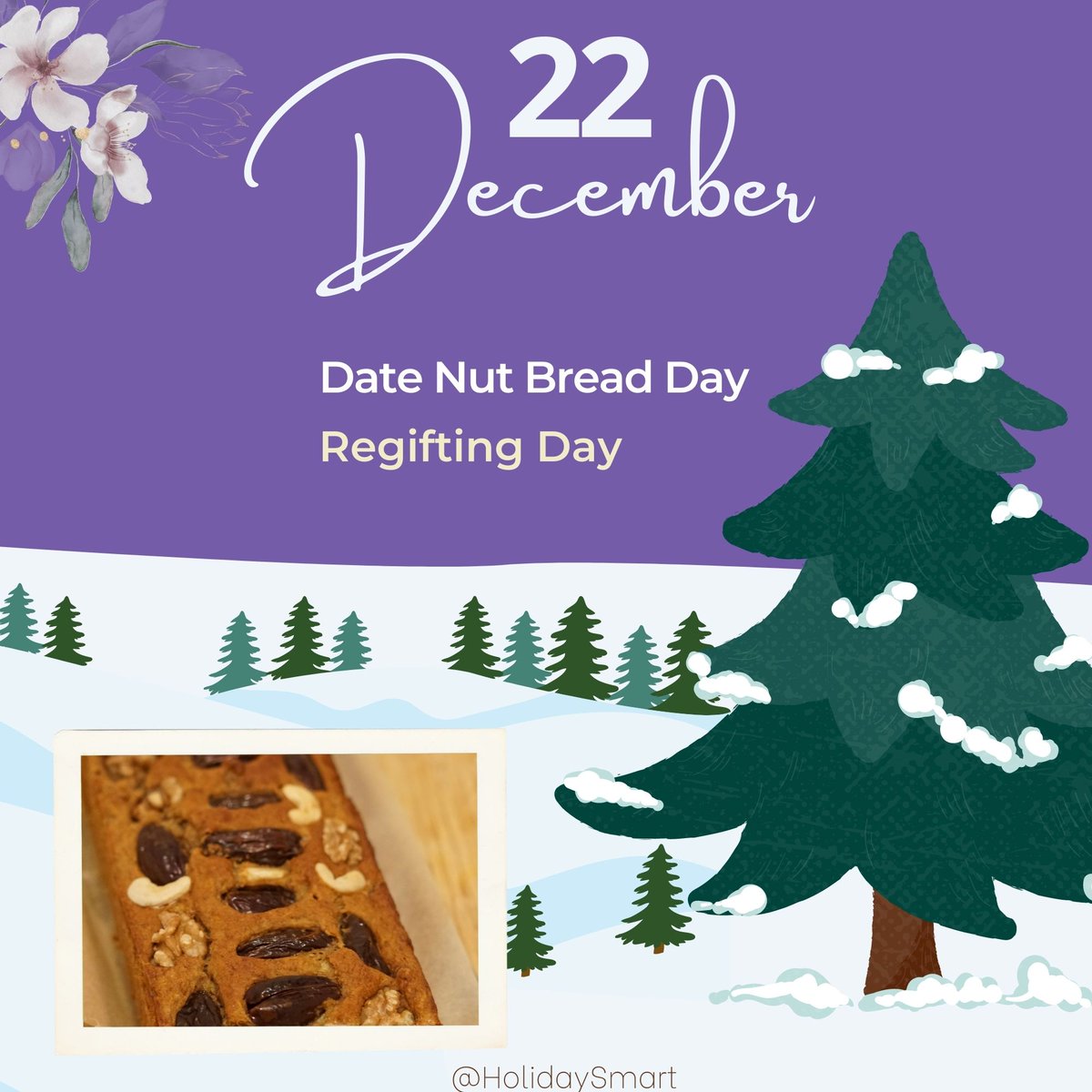 HolidaySmart's tweet photo. Todays the day to regift and make some date nut bread!
#DateNutBreadDay
#RegiftingDay
https://t.co/I1GW9T5DNQ
Don't miss your favorite holiday and stay up with the daily trends. Celebrate Daily Holidays Everyday! 
#HolidaySmart
#December22 https://t.co/DZS5Lp9Bb2